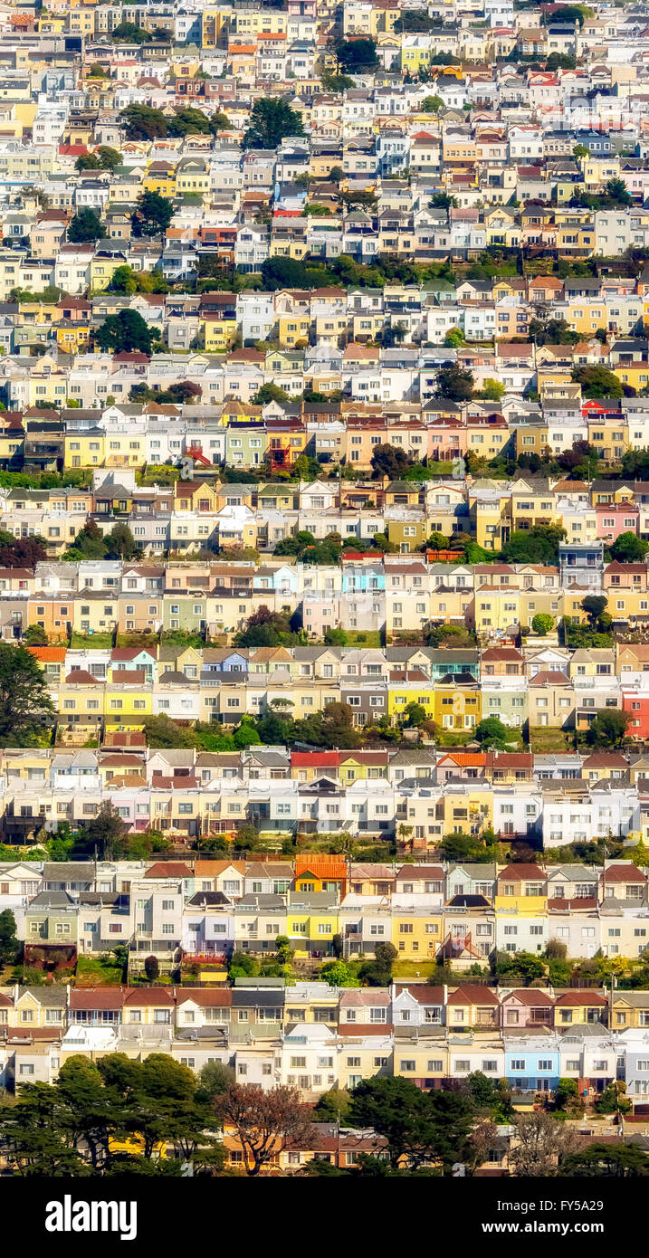 Vista aerea, piccole staccate, abitazioni monofamiliari a Città Doelger, esterno al tramonto, distretto suburbano nel West di San Francisco Foto Stock