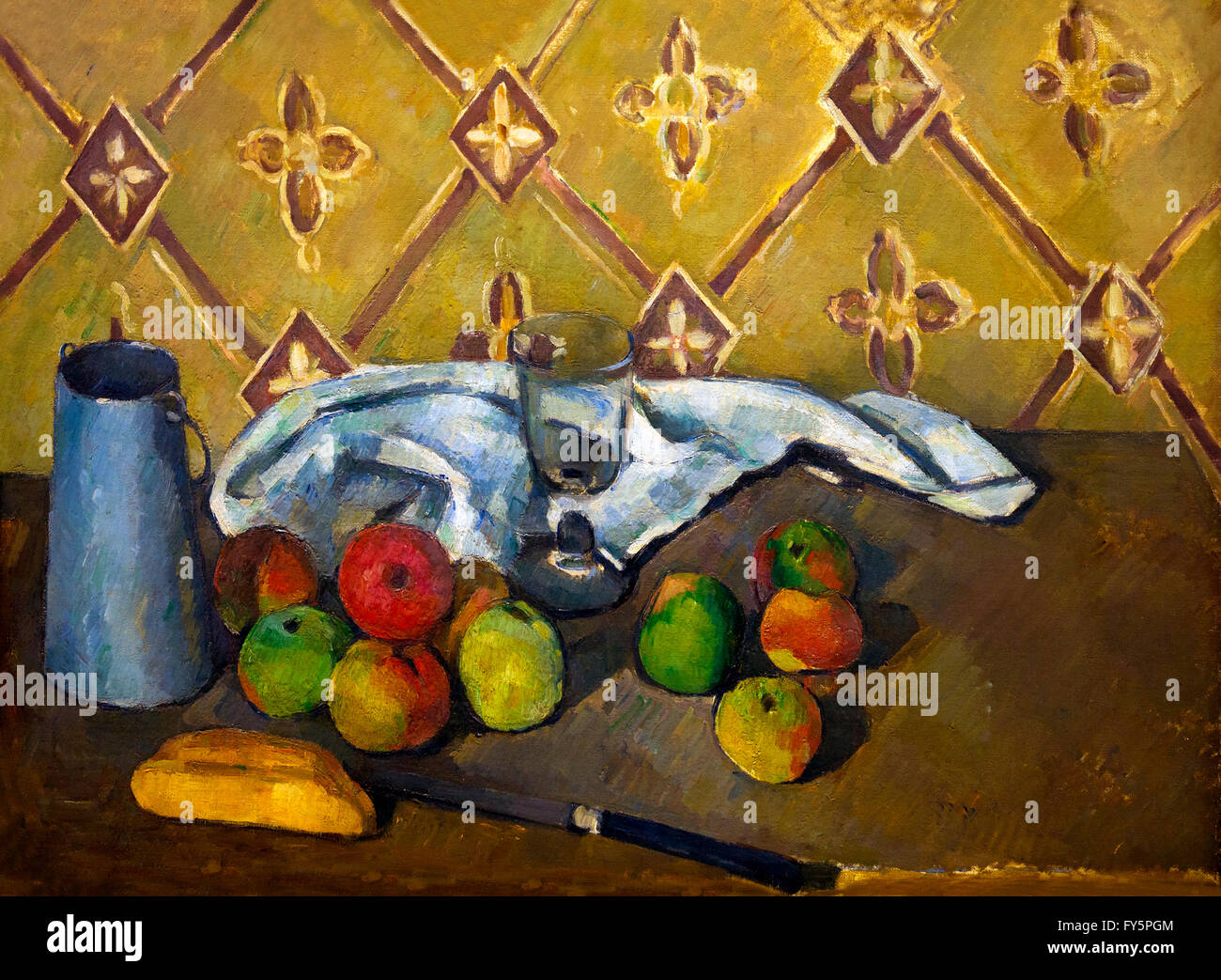 Frutta, igienico e la brocca del latte, frutta, salvietta et boite un lait di Paul Cezanne, 1880-81, il Musee de L'Orangerie, Parigi, Francia, Foto Stock