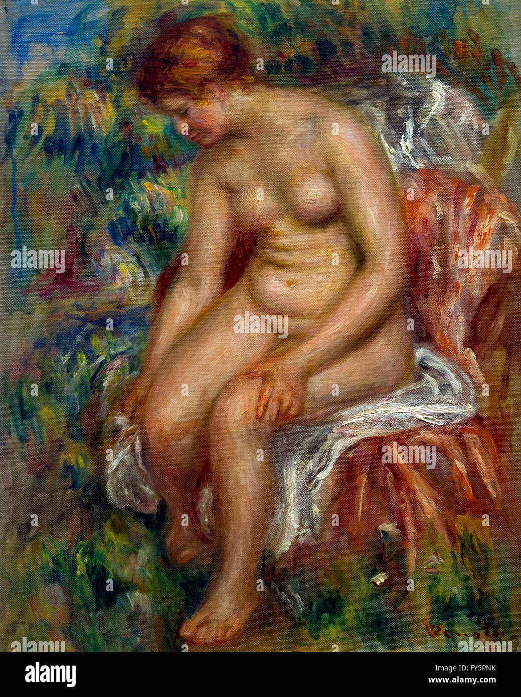 Seduto bagnante tergi una gamba, Baigneuse assise s'essuyant une jambe, di Pierre-Auguste Renoir, circa 1914, il Musee de L'Orangerie, Foto Stock