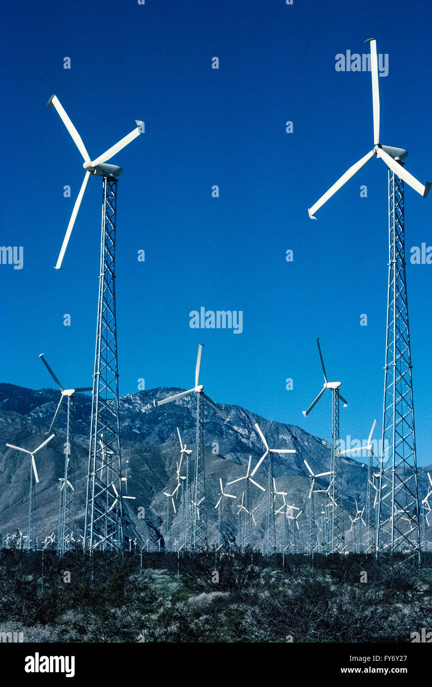 Le turbine eoliche in San Gorgonio Mountain Pass aiutano a fornire energia elettrica a Palm Springs e di altre comunità del deserto nella Coachella Valley in California, Stati Uniti d'America. Essi sono parte di uno dei più grande dell'America del fattorie del vento che ha più di 4.000 turbine si diffondono attraverso una zona di vento che copre il 70 miglia quadrate (181 chilometri quadrati). Eretto negli anni ottanta, queste sono state fra le prime turbine eoliche per generare elettricità in California del Sud. Foto Stock