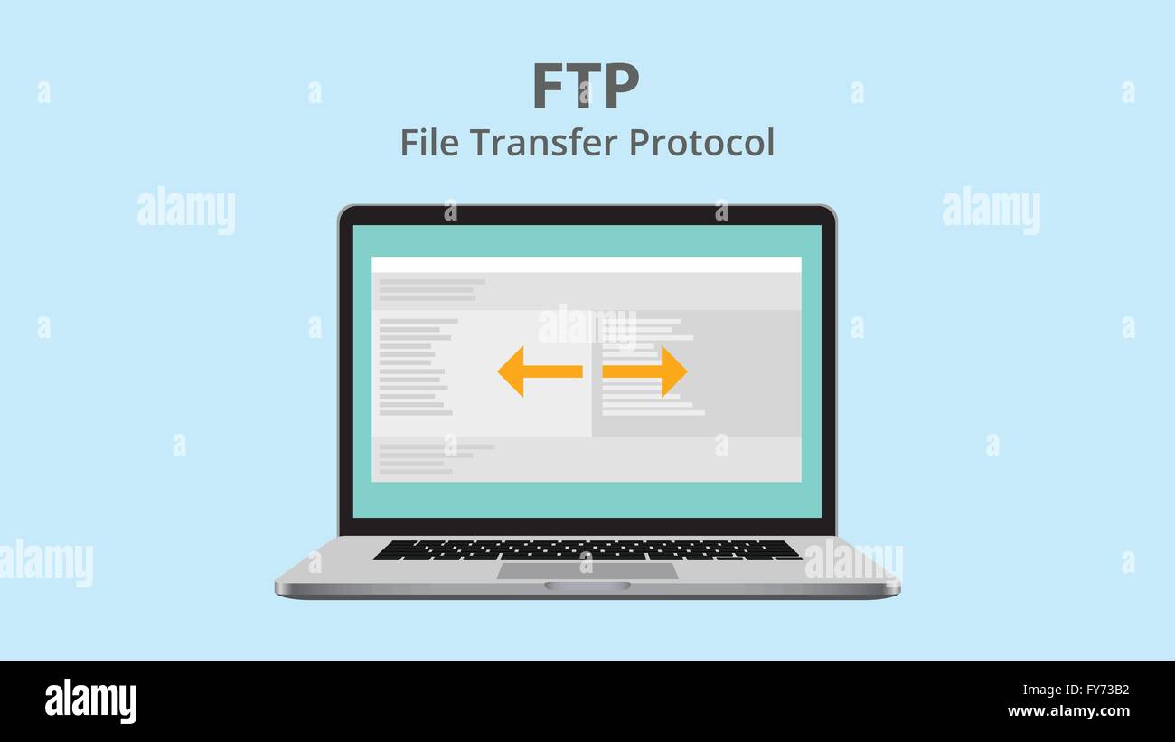 Ftp acronimo di file transfer protocol con lo scambio di dati sul computer portatile Illustrazione Vettoriale