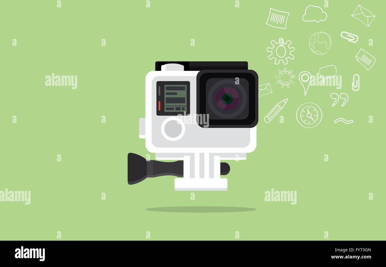 Gopro camera isolata con sfondo verde e icona di raccolta dei dati Illustrazione Vettoriale