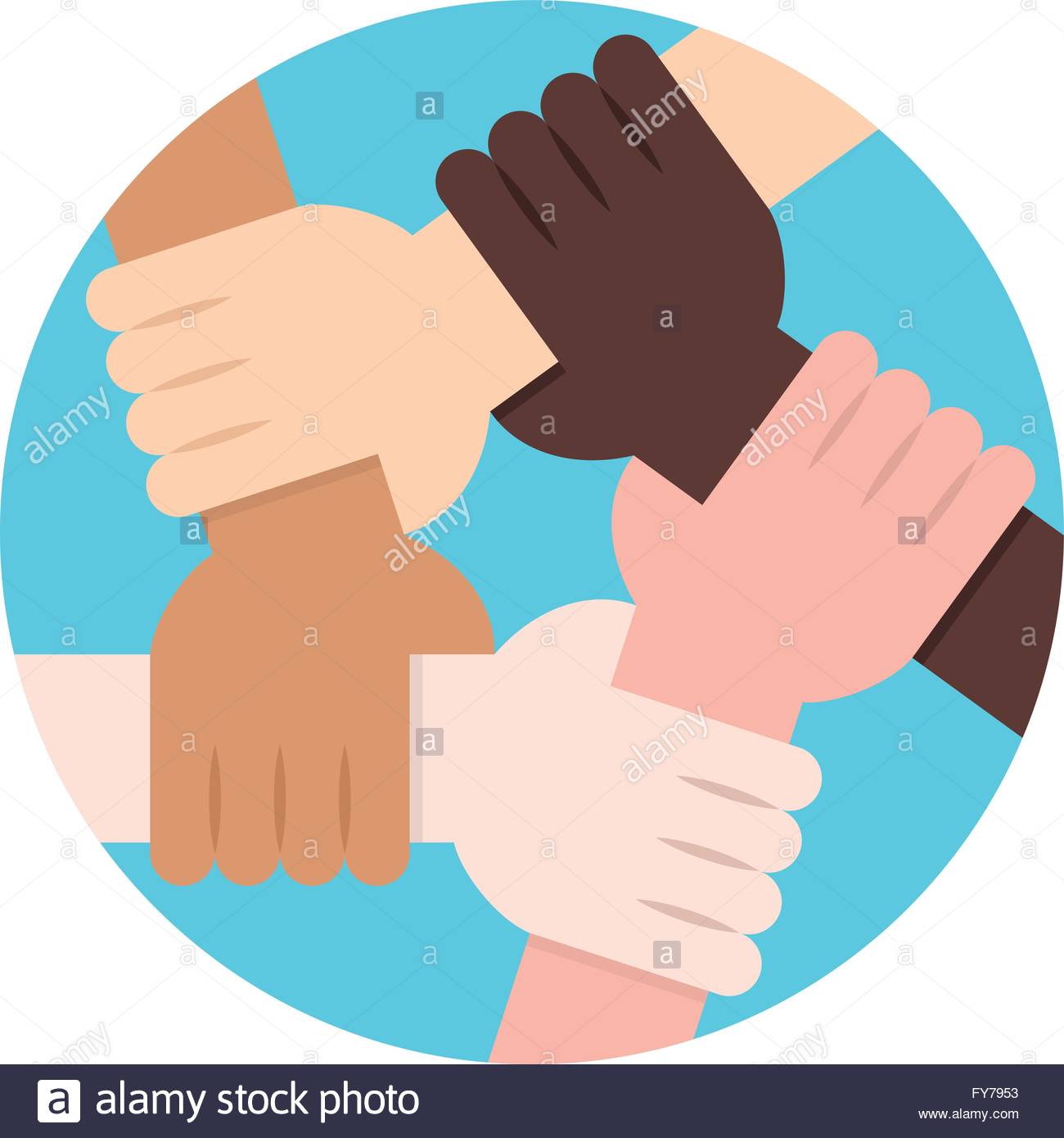 Cerchio Di Solidarieta Sulla Terra Cinque Mani Ogni Altro Come Un Interracial Solidarieta Immagine E Vettoriale Alamy