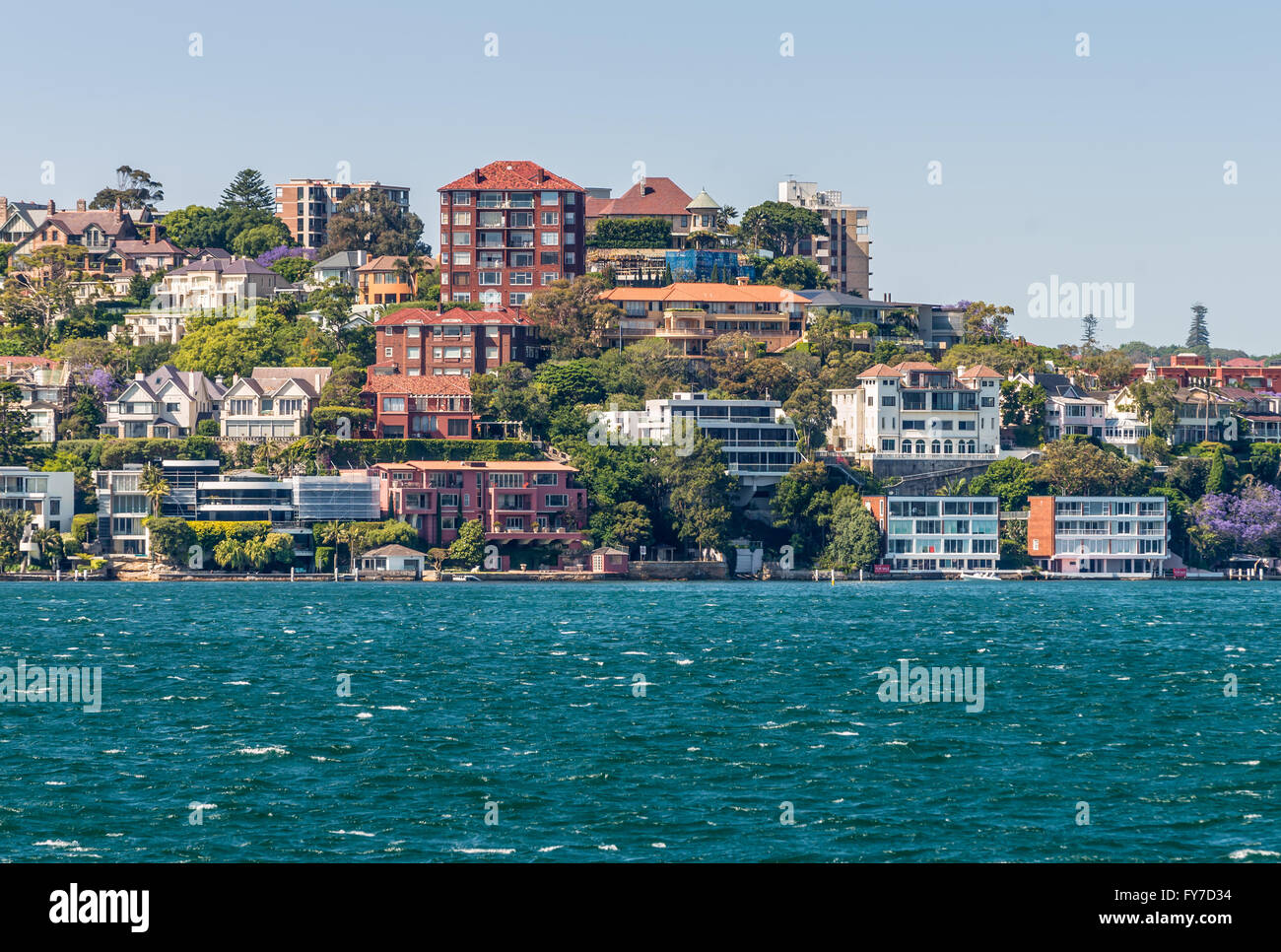 La vista di Sydney dello skyline della città - punto Piper mansions, Sydney, Australia. Punto punto Piper è un sobborgo di Sydney. Foto Stock