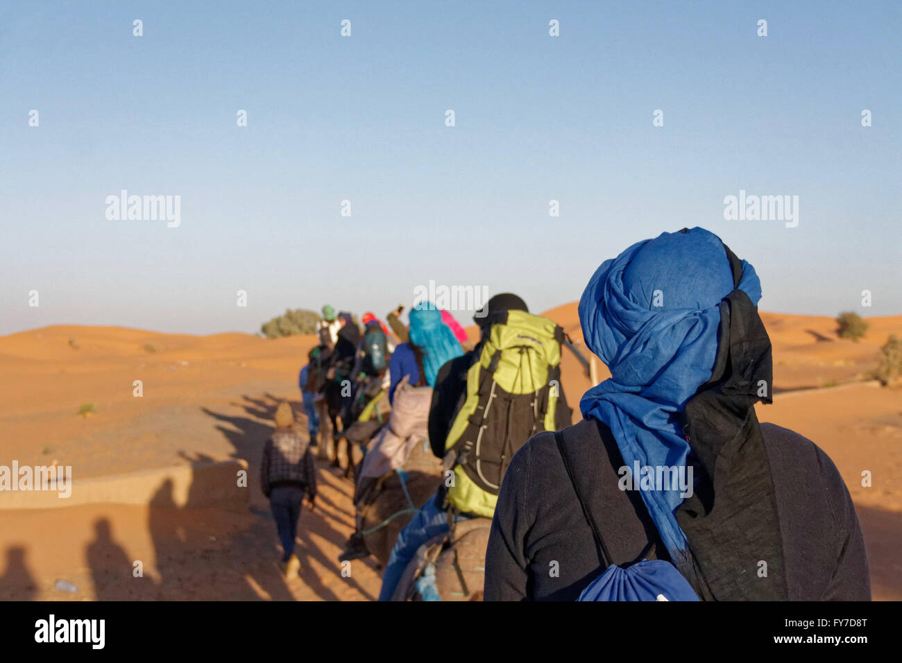 Camel trip in serata con diverse persone fotografate da dietro in Erg Chebbi deserto vicino a Merzouga in Marocco. Foto Stock