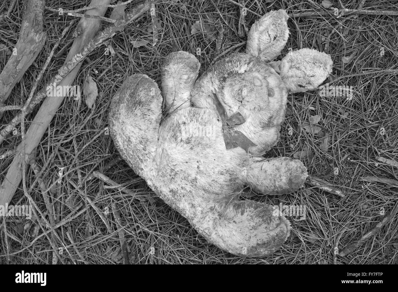 Bunny doll abbandonato nei boschi. Strano, Spooky, Halloween e infanzia perse relative Foto Stock