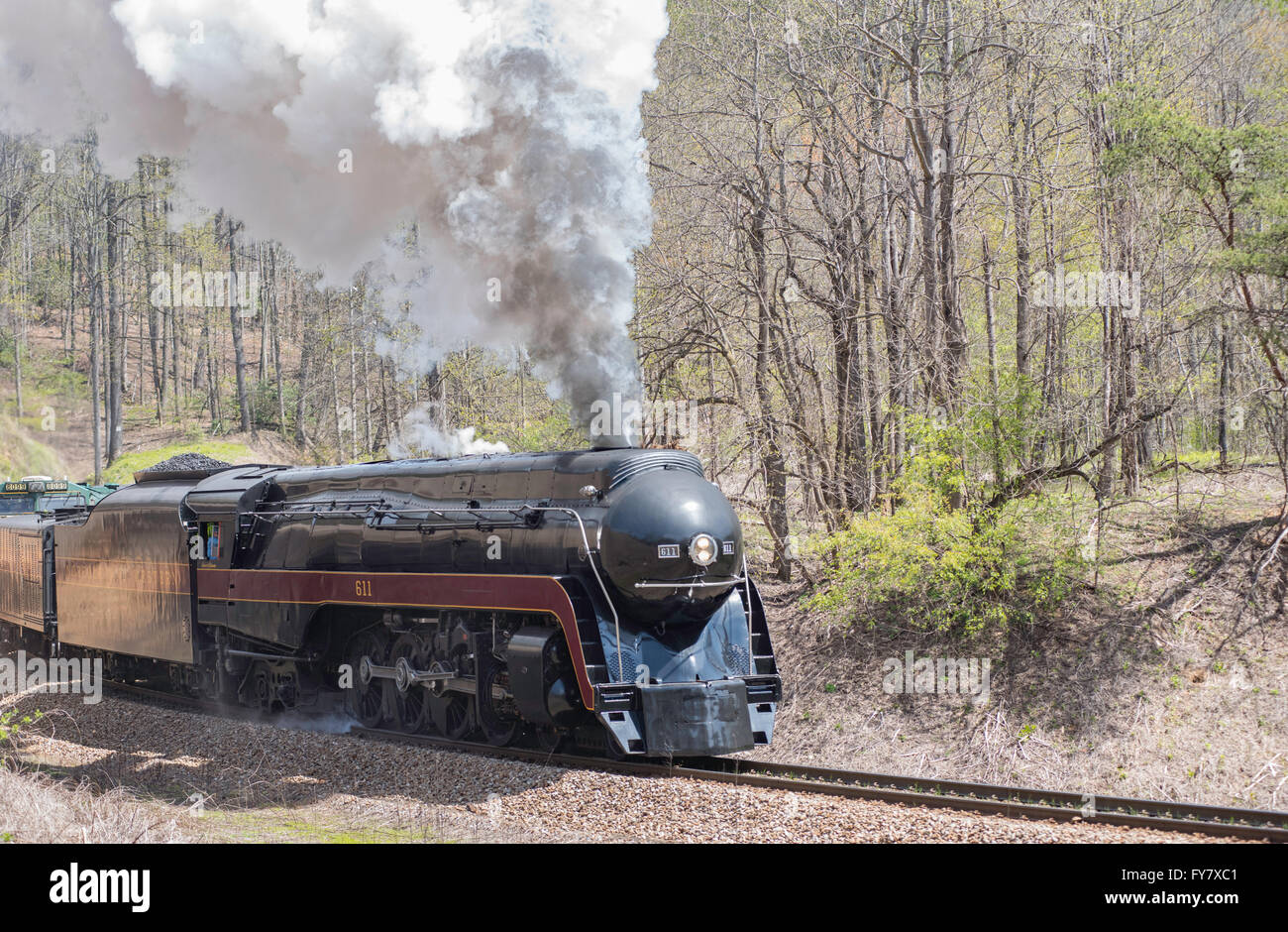 Ferrovie: Norfolk & Western 611 appena sotto 'High Fill' vicino a Old Fort, North Carolina #1 Foto Stock