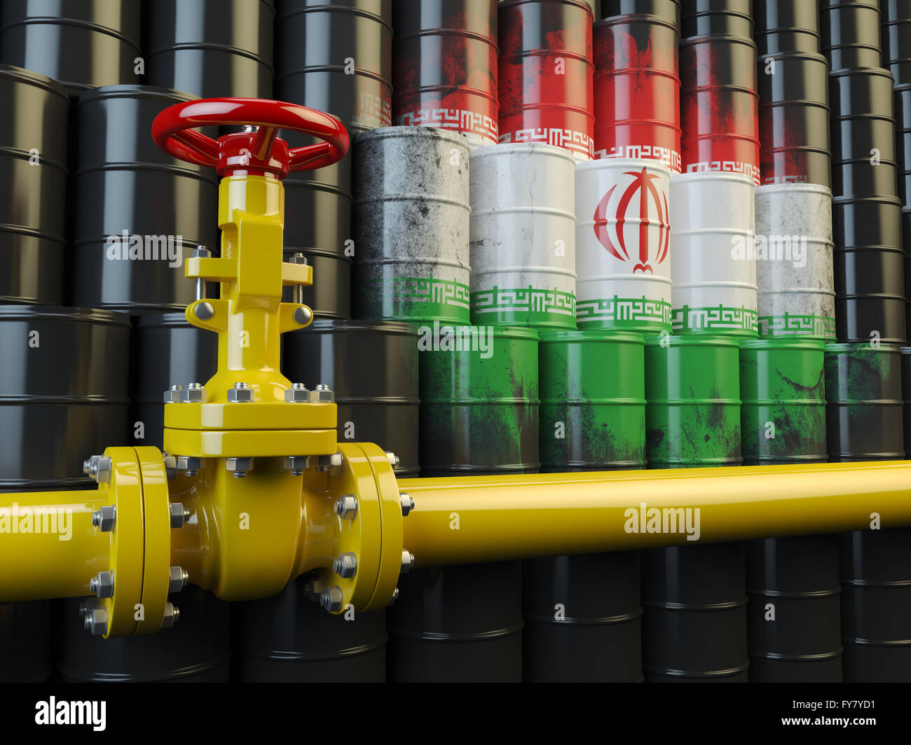 Tubo dell'olio valvola di linea davanti alla bandiera iraniana sui fusti di petrolio. Iranian gas e olio combustibile concetto energetico. 3d illustrazione Foto Stock