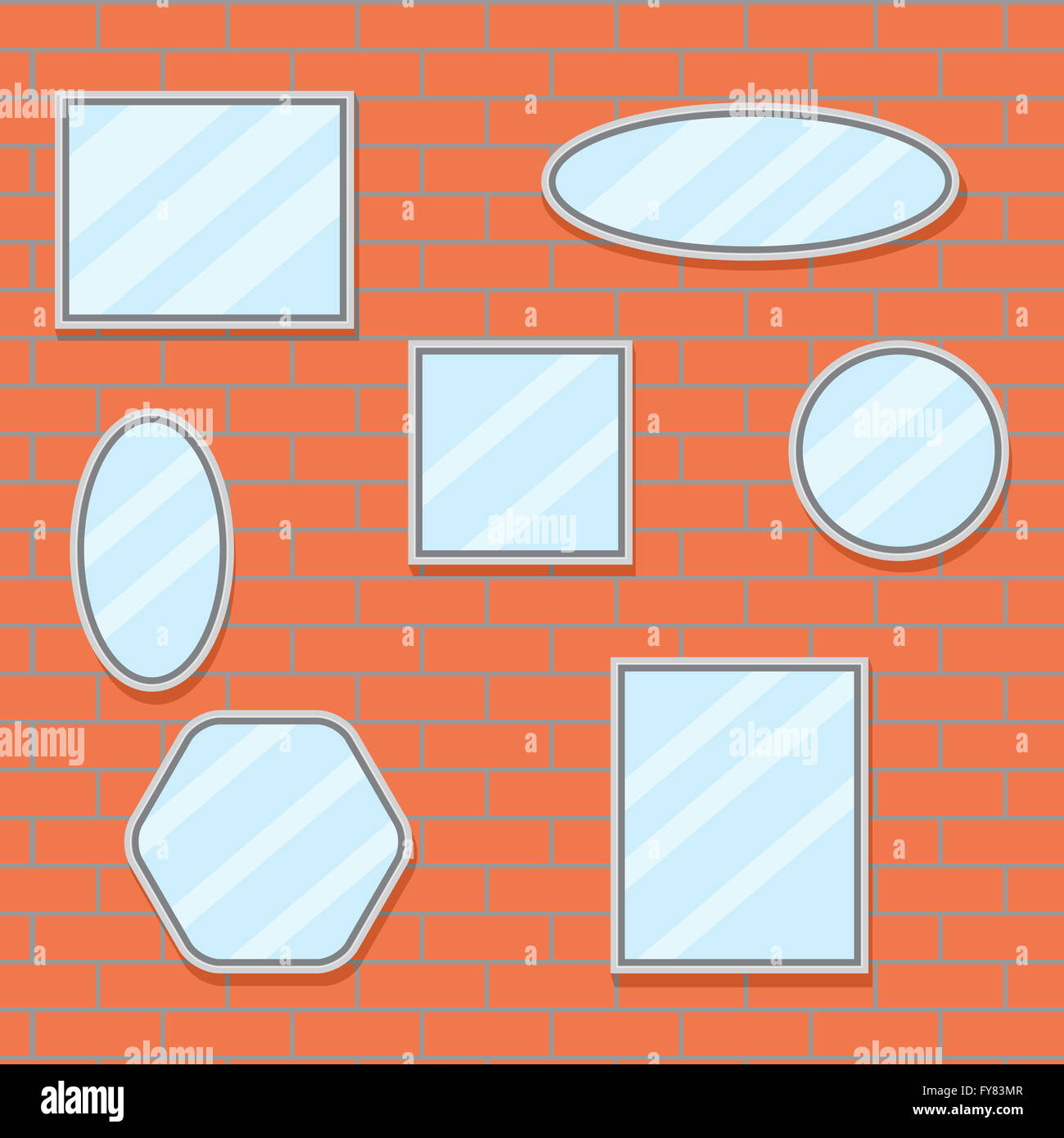 Set di mirroring design parete di mattoni. Il telaio dello specchietto di frontiera, specchio sulla parete, barocco ovale a specchio e specchio mobile. Vettore design piatto Foto Stock Set di mirroring design parete di mattoni. Il telaio dello specchietto di frontiera, specchio sulla parete, barocco ovale a specchio e specchio mobile. Vettore design piatto Foto Stock
