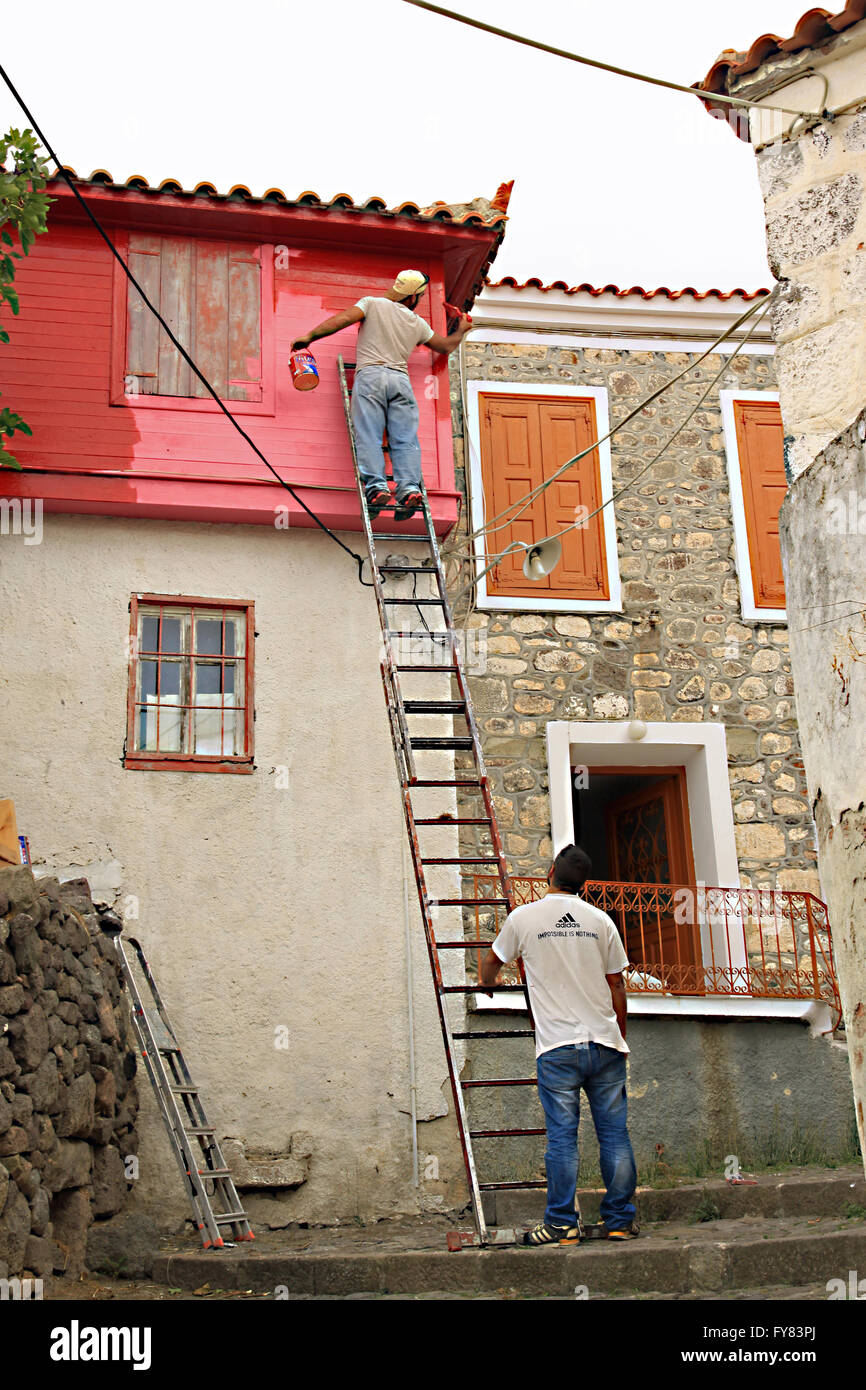 Due uomini verniciatura di una casa uno tenendo la scala e le altre in cima pittura Foto Stock