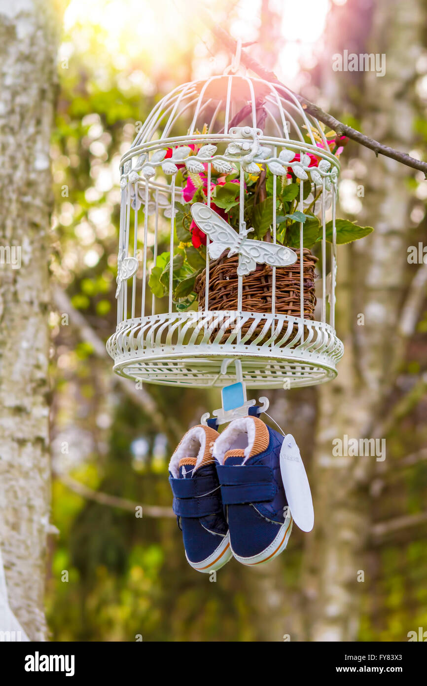 Blu Scarpe bambino appeso da una gabbia ed il ramo Foto Stock