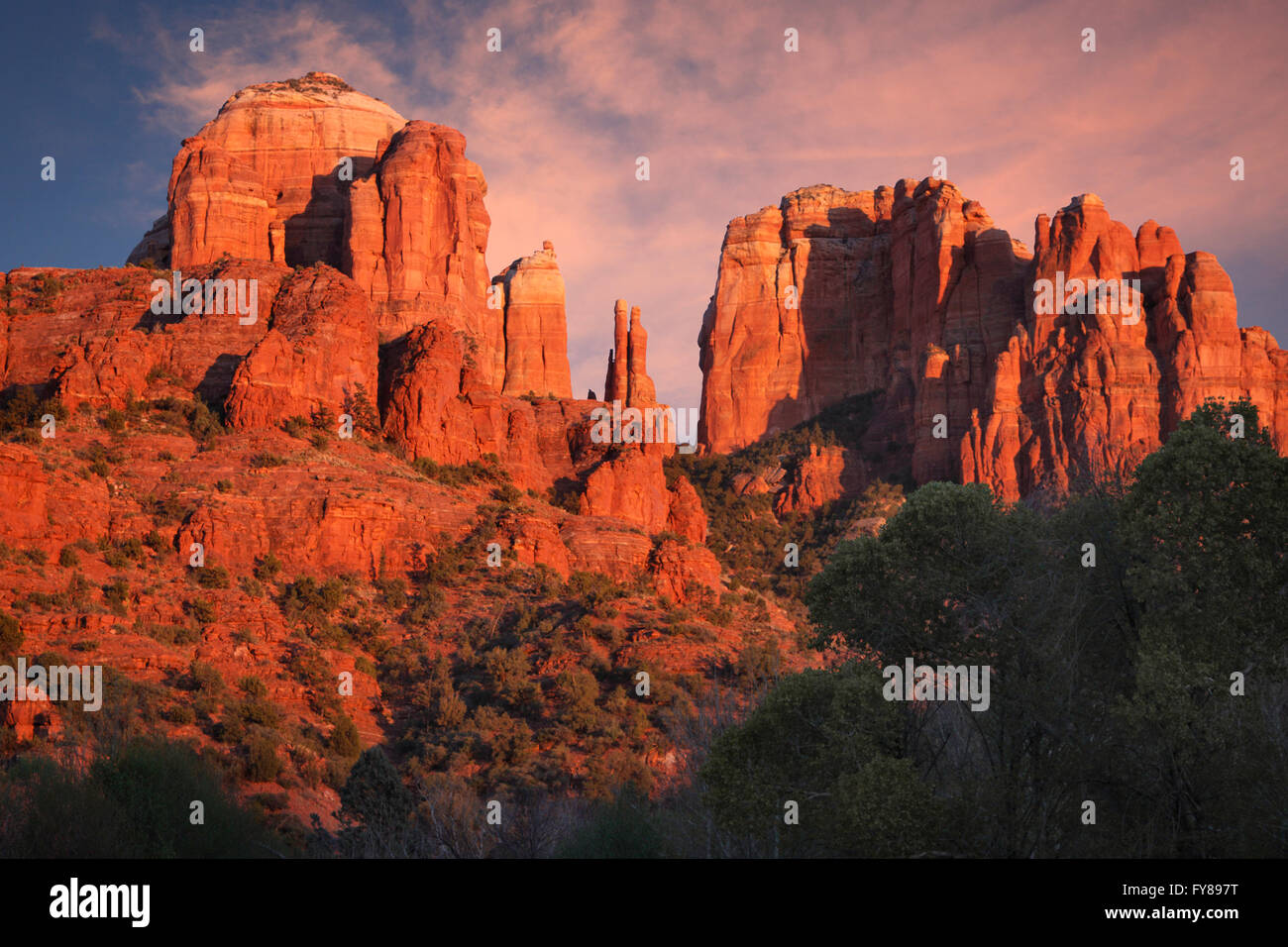 La luce del tramonto riscalda i fianchi della mitica Cattedrale Rock a Sedona, in Arizona Foto Stock