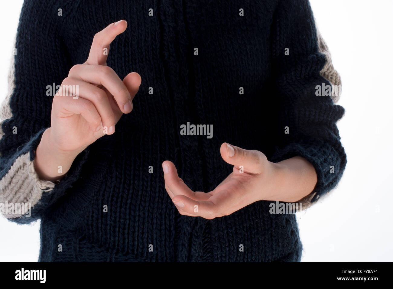 Effettuare a mano un gesto su sfondo bianco Foto Stock