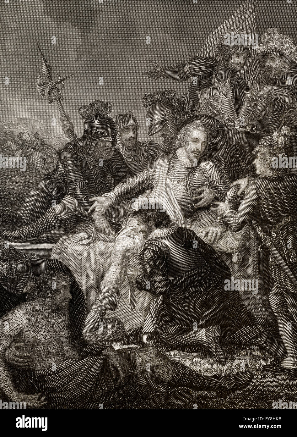 Battaglia di Zutphen, 22 settembre 1586, la morte di Sir Philip Sidney, 1554 - 1586, un statista inglese, soldato e scrittore Foto Stock Battaglia di Zutphen, 22 settembre 1586, la morte di Sir Philip Sidney, 1554 - 1586, un statista inglese, soldato e scrittore Foto Stock
