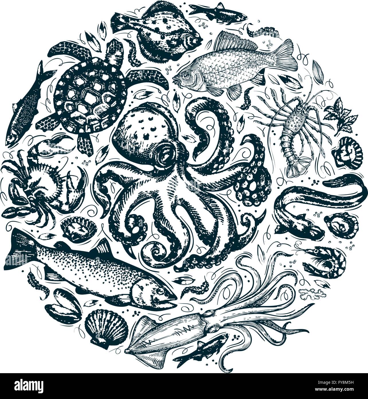 Animali marini, pesce. disegnati a mano schizzi. illustrazione vettoriale Illustrazione Vettoriale