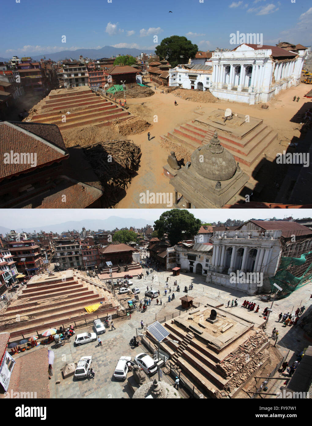 Kathmandu, Nepal. 23 apr, 2016. Combinazione immagine mostra templi danneggiato dopo il terremoto del 3 maggio 2015 (in alto) e la stessa posizione (fondo) a Hanumandhoka Durbar Square a Kathmandu, Nepal, Aprile 23, 2016. © Sunil Sharma/Xinhua/Alamy Live News Foto Stock