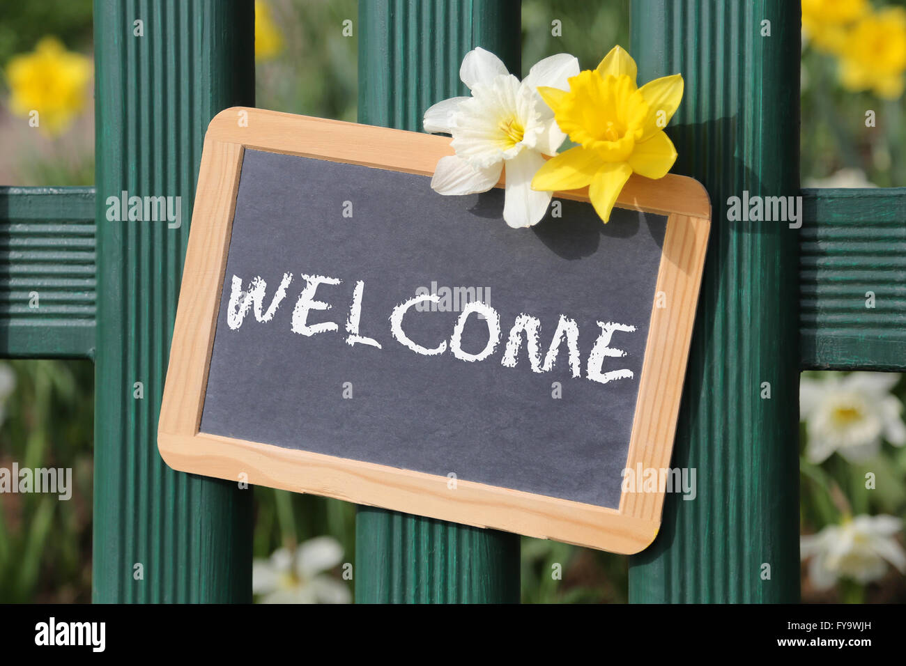 Segno di benvenuto fiori da giardino fiore primavera con scheda sulla recinzione Foto Stock