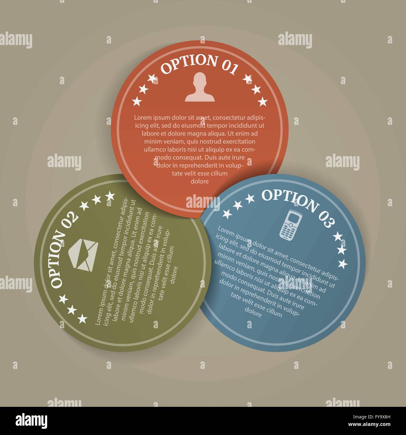 Una infografica illustrazione di 3 cerchi di colore con i passi o le scelte Illustrazione Vettoriale