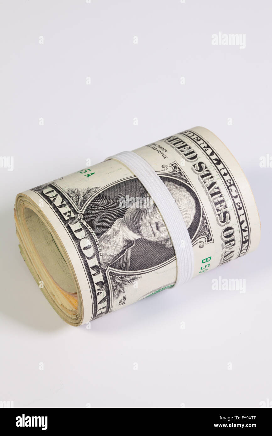Lotta contro la corruzione - il rotolo di fatture del dollaro con fascia in plastica sopra gli occhi Foto Stock