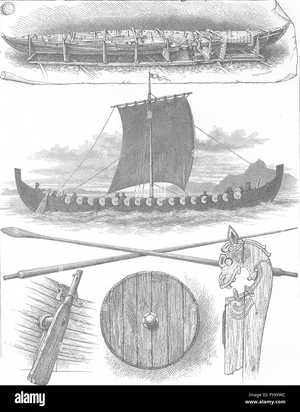 Norvegia: Il Viking's Ship, antica stampa 1890 Foto Stock