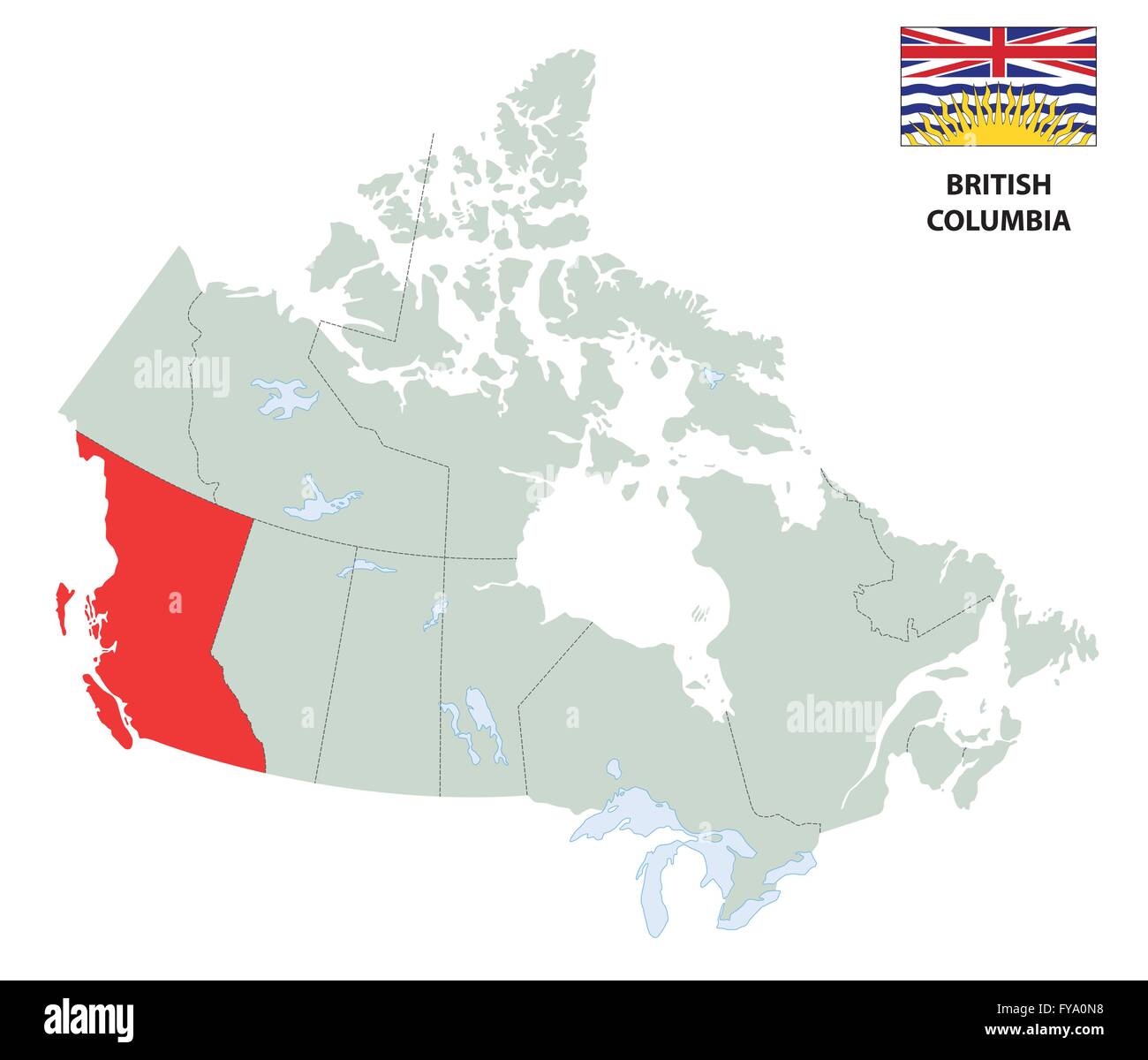 Mappa di contorno della provincia canadese di British Columbia con bandiera Illustrazione Vettoriale