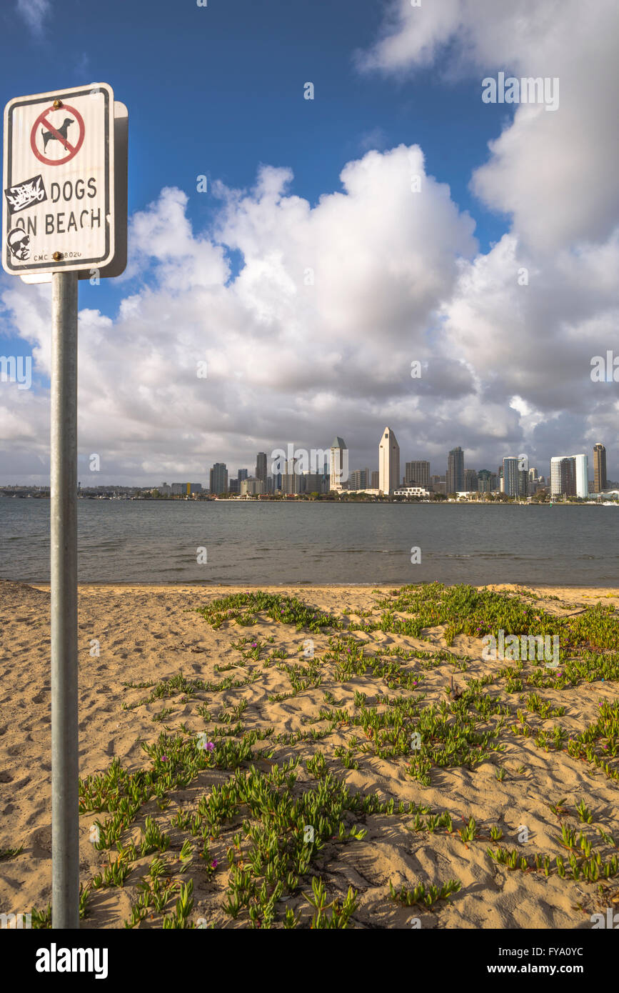 Porto di San Diego Skyline di e. Vista dal Coronado, California. No cani sulla spiaggia signpost. Foto Stock