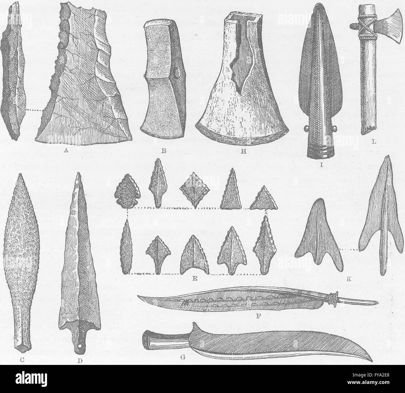 MILITARIA: Rude armi di uomo primitivo antica stampa 1890 Foto Stock