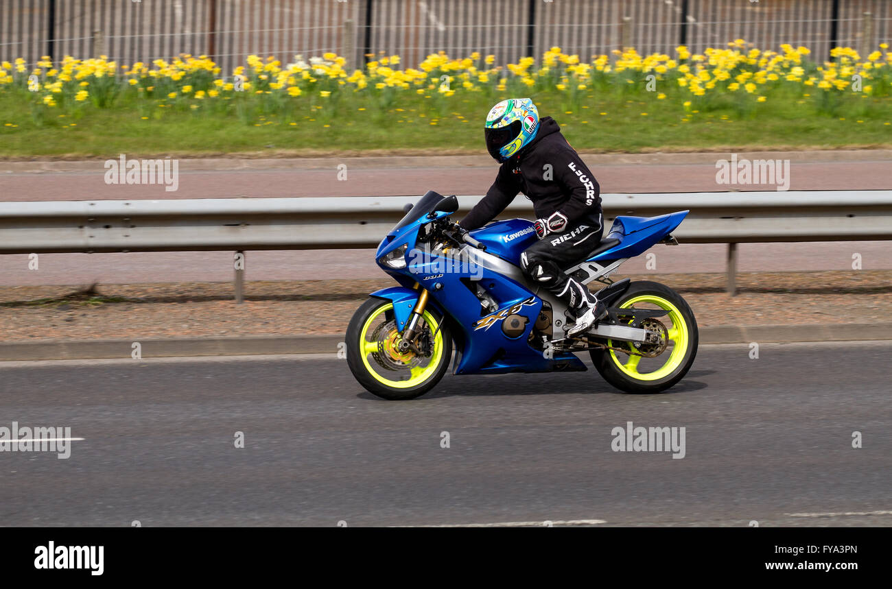 Un blu Kawasaki ZX-6R NINJA 600cc moto sportiva che viaggia lungo il Kingsway West a doppia carreggiata a Dundee, Regno Unito Foto Stock