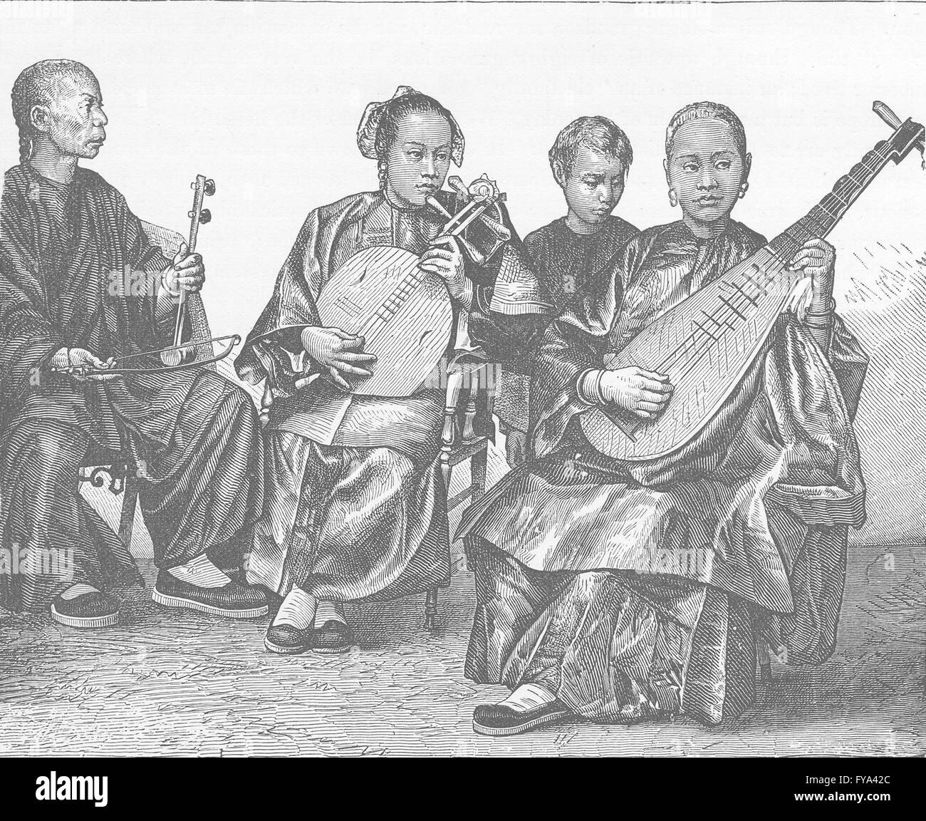 Cina: Cinese musicisti itineranti, antica stampa 1892 Foto Stock