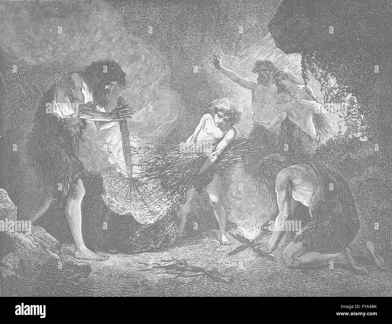 Preistoria: uomo preistorico la produzione di fuoco, antica stampa 1893 Foto Stock
