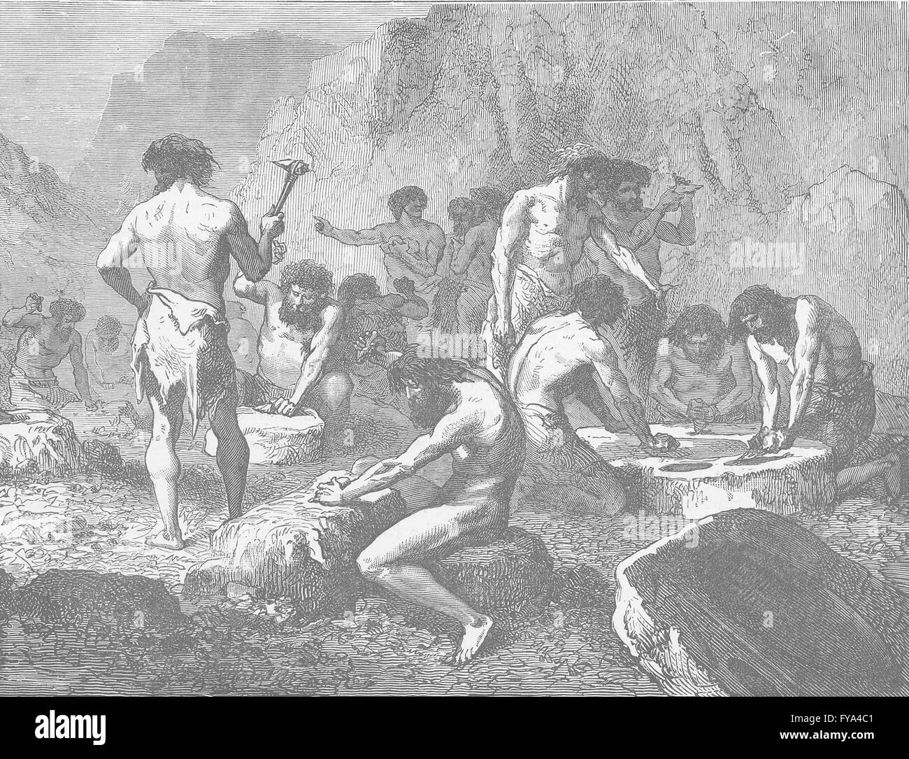 Preistoria: scheggiatura e lucidatura di pietre focaie neolitica, antica stampa 1893 Foto Stock