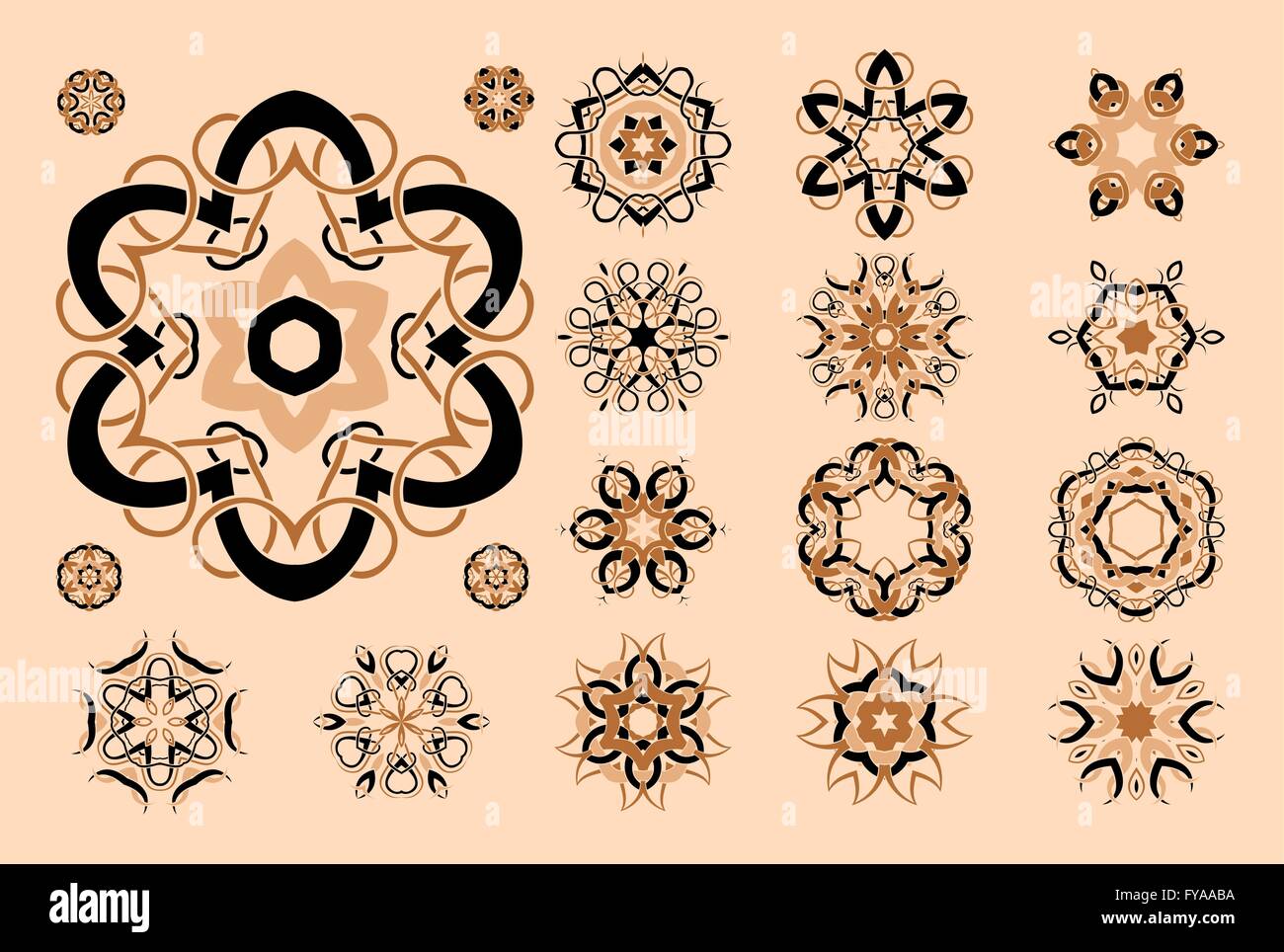 Celtic Knotwork tattoo art, mandala circolare, motivo floreale e barocca e ornamenti Retrò design vettoriali set. Illustrazione Vettoriale