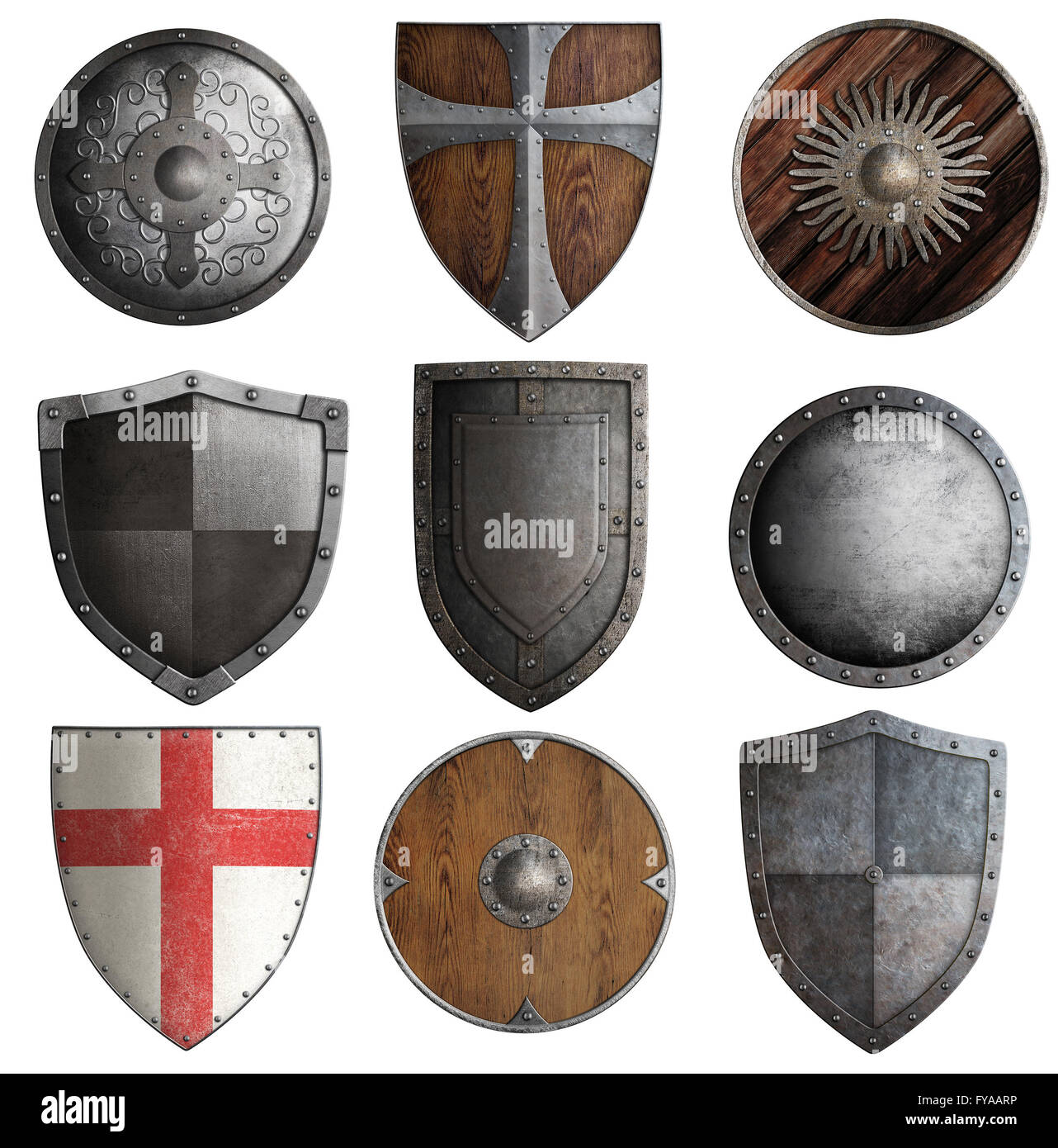 Il cavaliere vari set di protezioni isolato 3d illustrazione Foto Stock