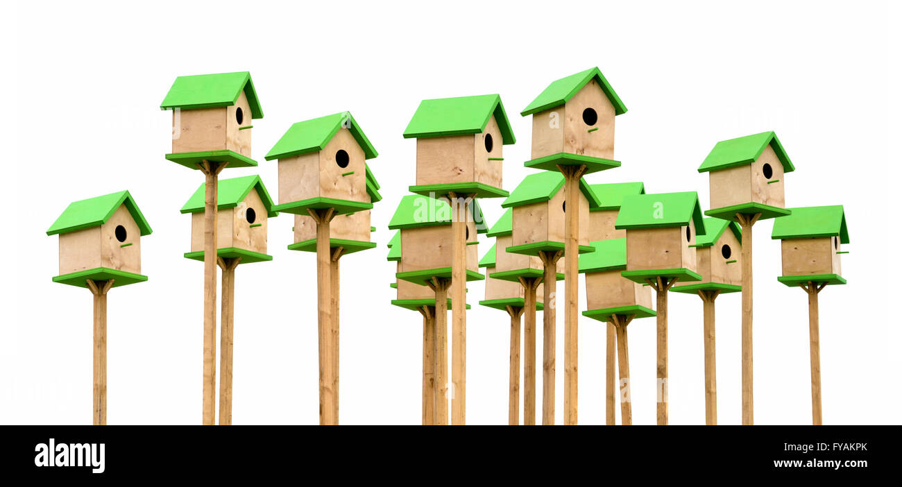 Oggetti isolati: grande gruppo di legno verde birdhouses, su sfondo bianco Foto Stock