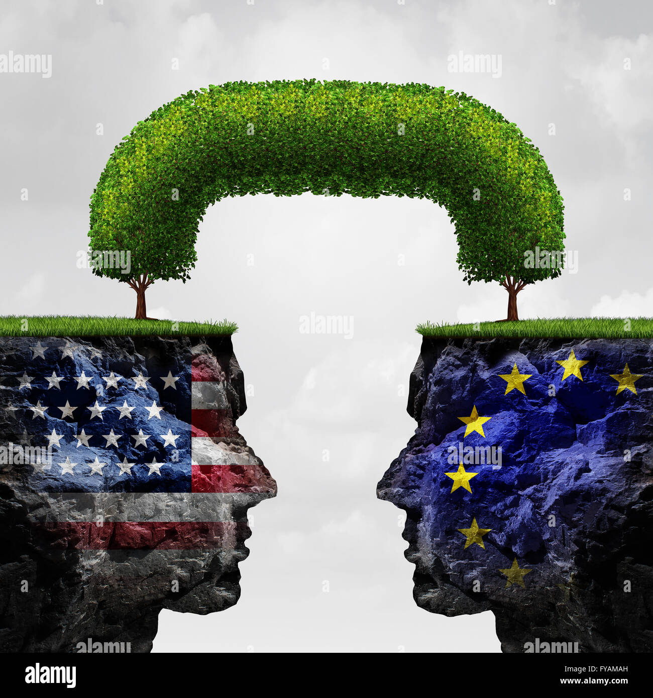 American partnership europea e il commercio internazionale accordo concetto finanziario come two seperate scogliere di montagna uniti tra loro da un albero connesso come una cooperazione globale simbolo in un 3D illustrazione dello stile. Foto Stock