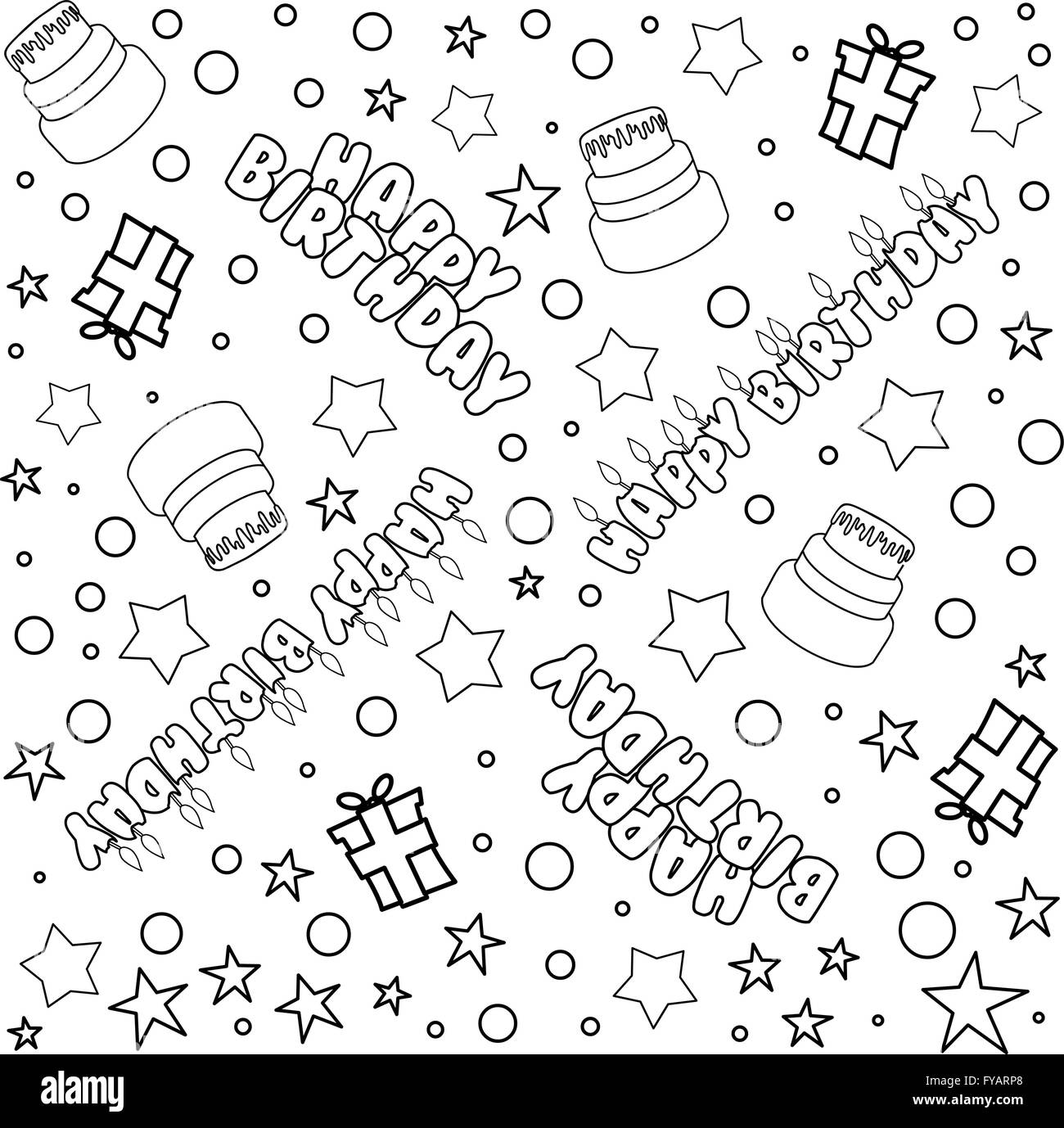 Illustrazione Vettoriale modello di contorno Buon Compleanno torta di testo presenta e stelle. Illustrazione Vettoriale