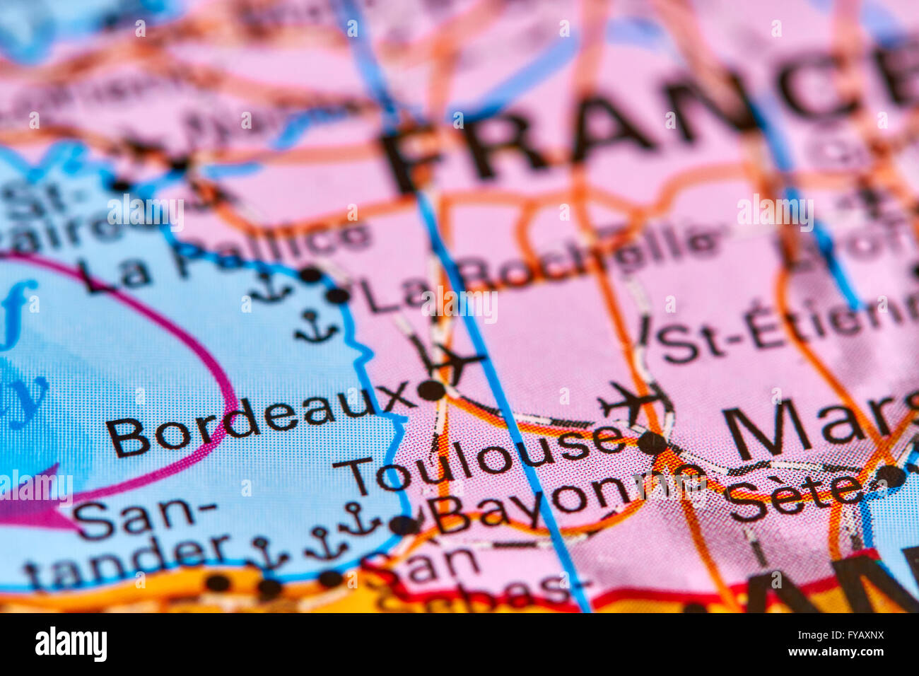 Bordeaux, città della Francia sulla mappa del mondo Foto Stock