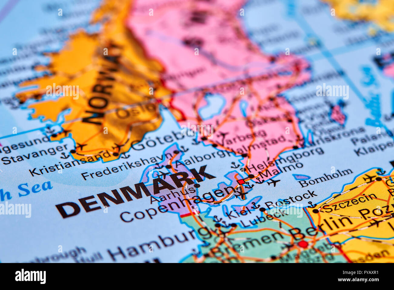 La Danimarca, paese in Europa sulla mappa del mondo Foto Stock