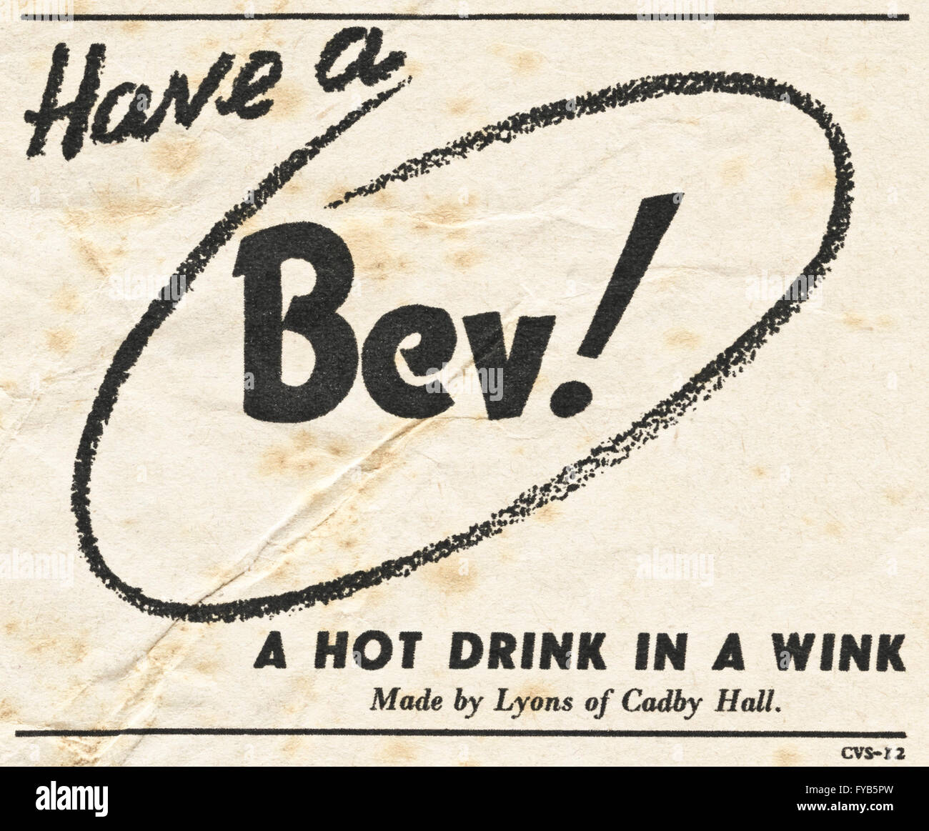 1940s originale vecchia vintage magazine annuncio pubblicitario dal WWW2 immediato dopoguerra datato 1947. Pubblicità Pubblicità Bev bevanda calda da Lione Foto Stock
