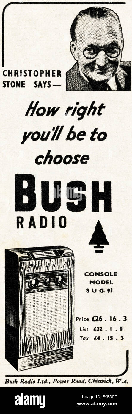 1940s originale vecchia vintage magazine annuncio pubblicitario dal WWW2 immediato dopoguerra datato 1947. Pubblicità Pubblicità Radio Bush Foto Stock