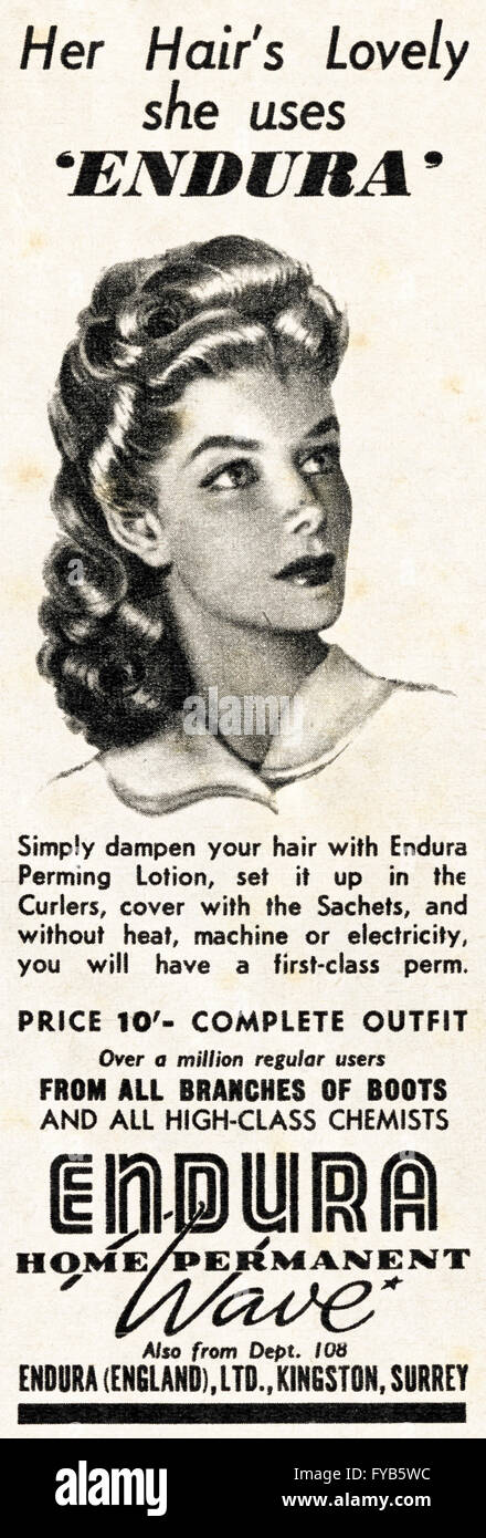 1940s originale vecchia vintage magazine annuncio pubblicitario dal WWW2 immediato dopoguerra datato 1947. Pubblicità Pubblicità Edura Home onda permanente per le donne i capelli. Foto Stock