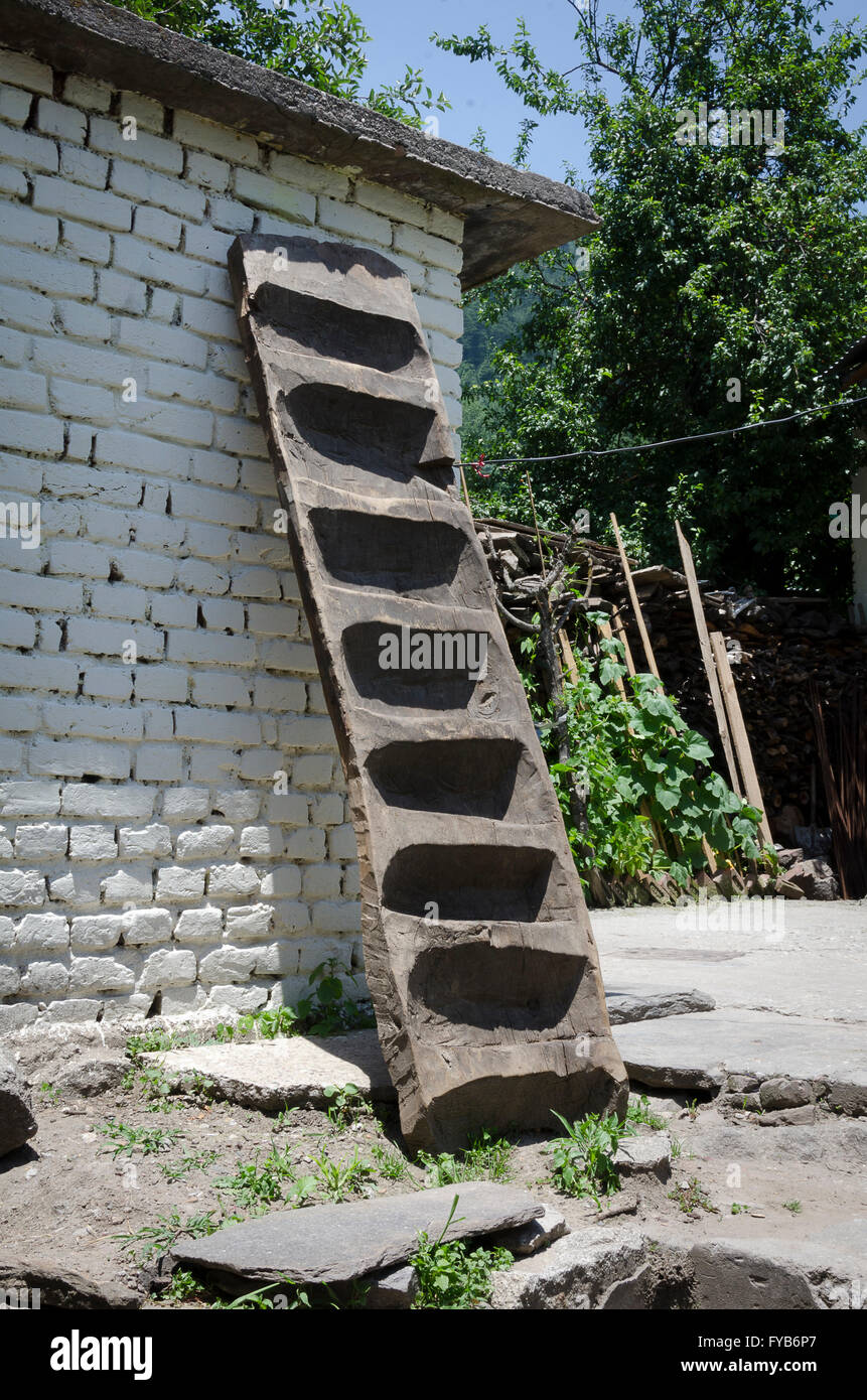 Scaletta appoggiata contro un muro di casa, Manali, Himachal Pradesh, India, Foto Stock