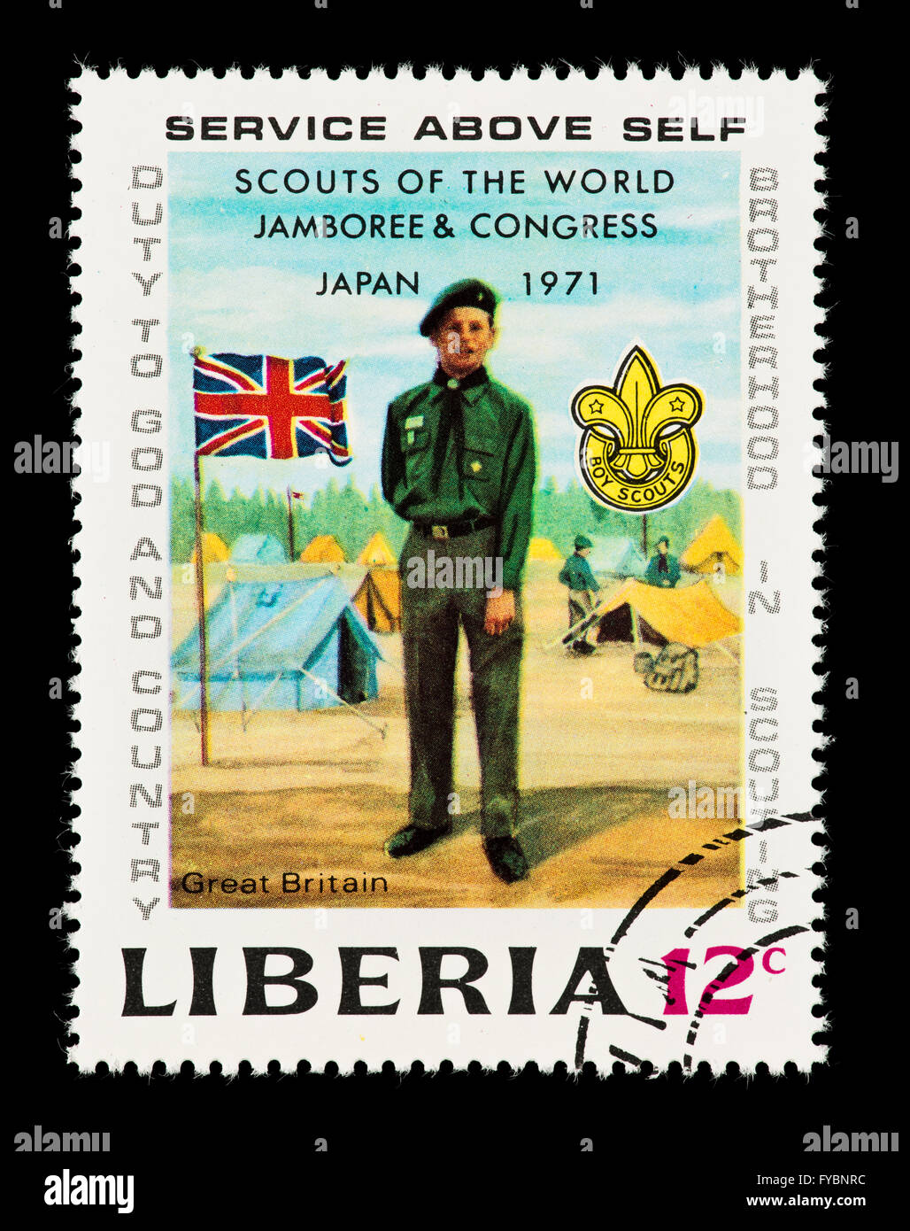Francobollo dalla Liberia raffigurante un british boy scout,, xiii Boy Scout Jamboree, Asagiri pianura, Giappone. Foto Stock