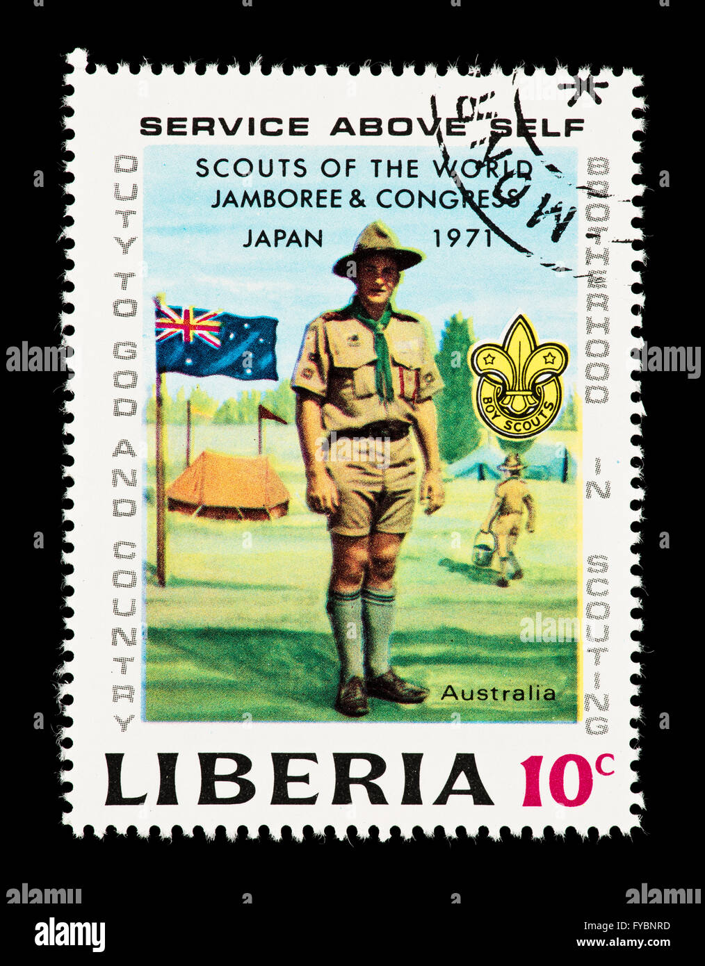 Francobollo dalla Liberia raffigurante un australiano boy scout,, xiii Boy Scout Jamboree, Asagiri pianura, Giappone. Foto Stock