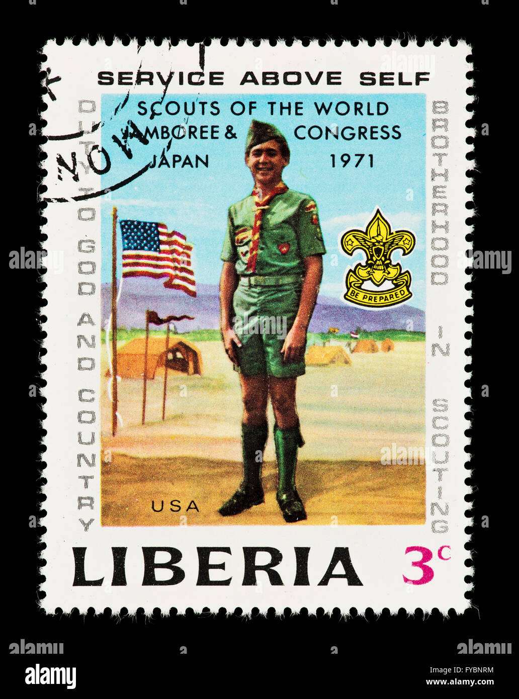 Francobollo dalla Liberia raffigurante un American boy scout,, xiii Boy Scout Jamboree, Asagiri pianura, Giappone. Foto Stock