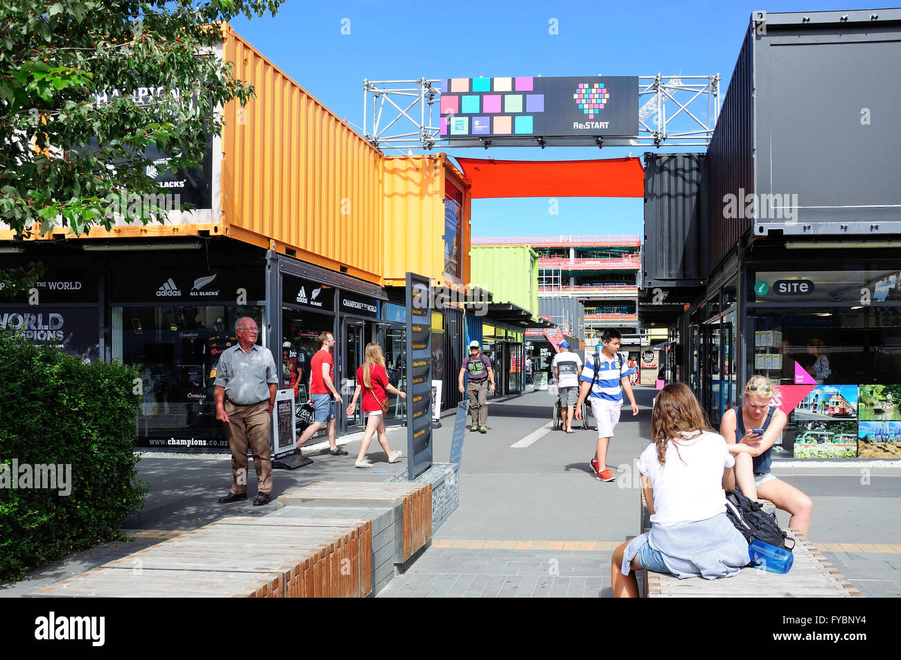 Ingresso al Re:avviare contenitore Mall, Cashel Street, Christchurch, Canterbury, Nuova Zelanda Foto Stock