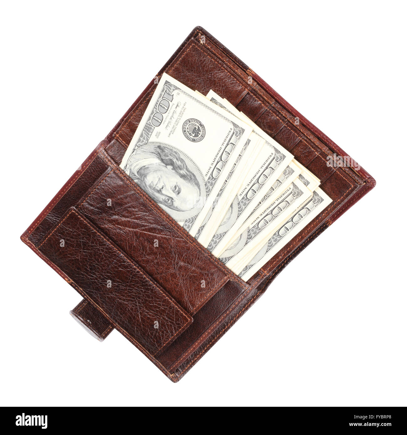 Portafoglio in pelle con dollari isolato Foto Stock