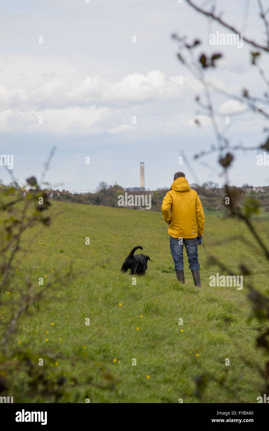 Uomo e cane a camminare in campo in un giorno nuvoloso, torna alla fotocamera, incorniciato dai rami. Camino industriale in background Foto Stock