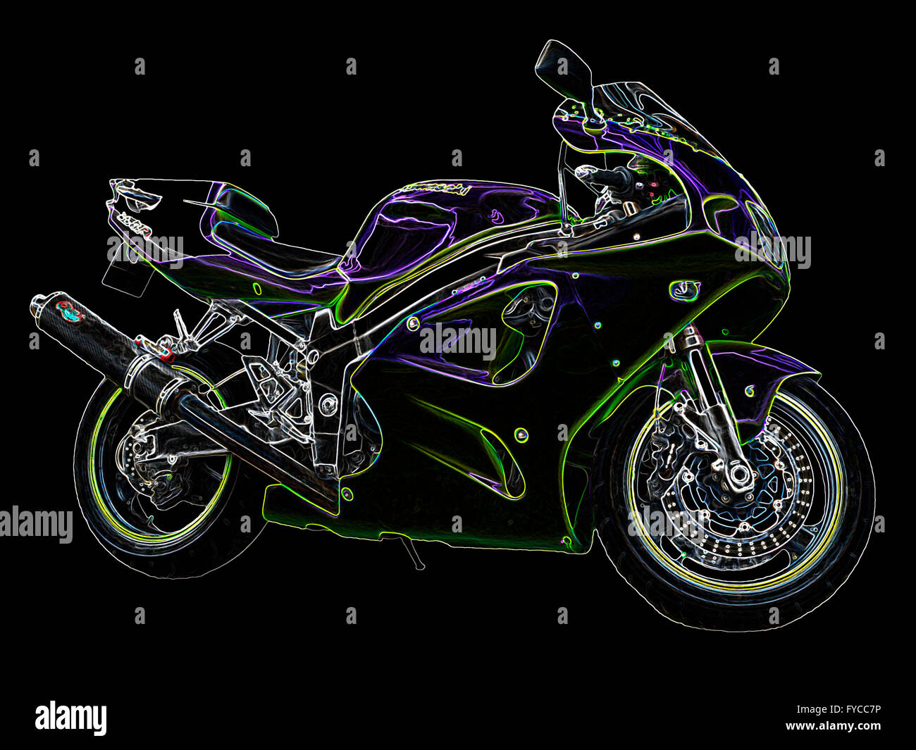 Motore giapponese bike intaglio su sfondo nero Altered digitalmente per dare incandescente bordi profilo vedi anche CXED3X E FYCC9K Foto Stock