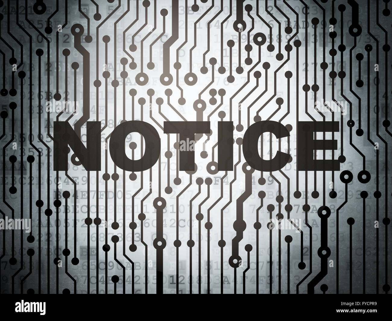 Il concetto di legge: scheda a circuito stampato con avviso Foto Stock